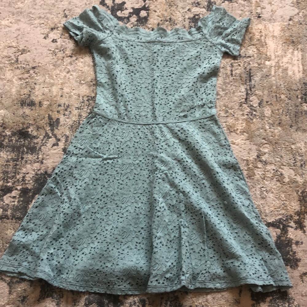 teal off the shoulder lace dress.